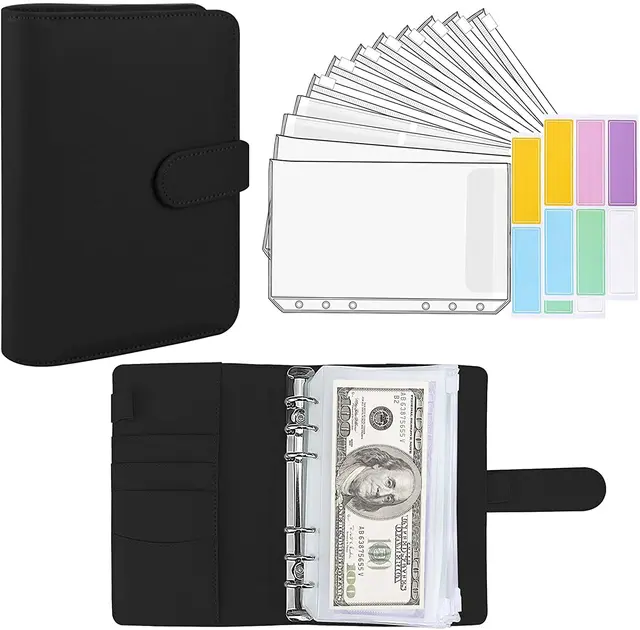 15 Pieces Binder Budget Planner Cash Envelope Binder with Budget Envelopes A6 Binder Pockets Cash Envelope Wallet for Budgeting Black-14pcs