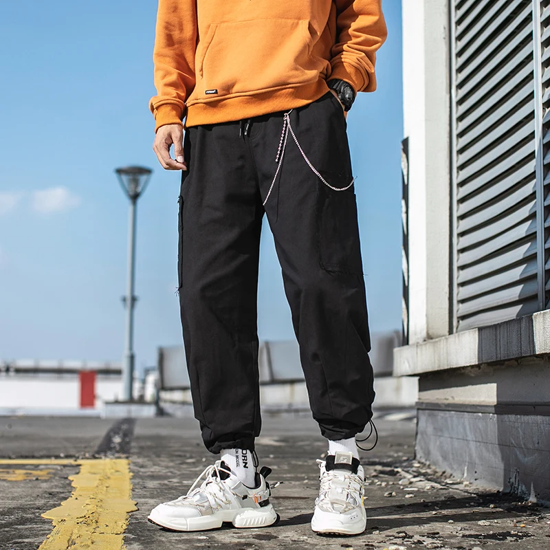 Черный Men's Trousers Solid color jogging High quality Cotton Casual Pants splice Big-pocket Hip Hop Autumn Fashion Cargo Pants A1012 - Цвет: Черный
