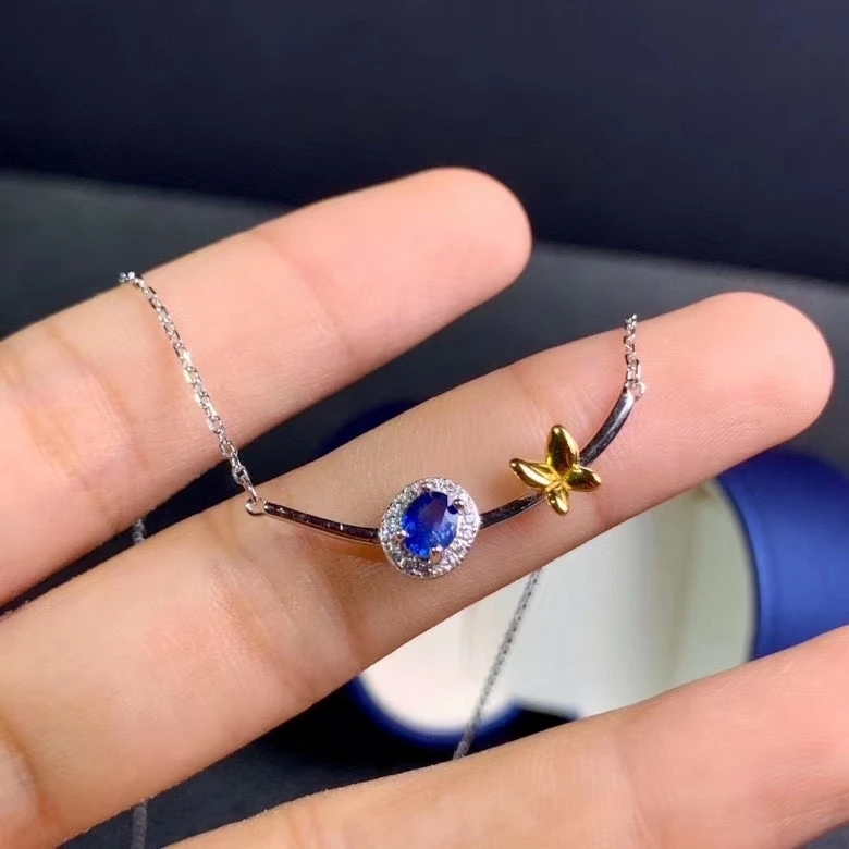 

Elegant bowknot smiling face natural blue sapphire necklace natural gemstone pendant necklace S925 silver girl gift jewelery