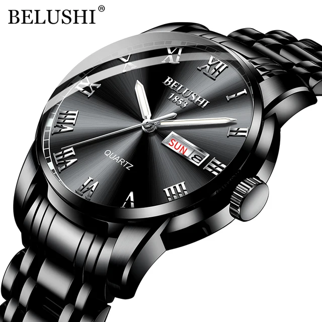 BELUSHI Top Brand Luxury Mens Watches Luminous Waterproof Stainless Steel Watch Quartz Men Date Calendar Business Wristwatch Black