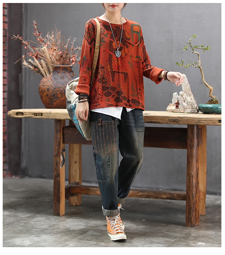Cartoon printing newest autumn knitted linen sweaters O neck women loose long sleeve blouse Pullovers girls sweaters A0BZ4