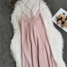 Весна/осень, Женская Сексуальная лед Шелковая пижама с глубоким v-образным вырезом, тонкая кружевная ночная рубашка с бретельками, атласная пижама с открытой спиной, интимный Халат