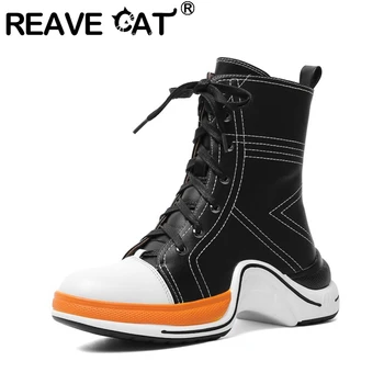 

REAVE CAT Woman Winter Ankle Boots Round Toe Genuine leather Lace up Platforms Cross-tied large size 34-43 Casual A2791