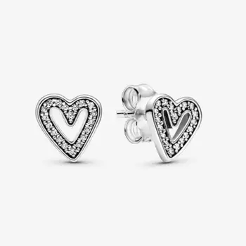 

2020 Valentine's Day 100% 925 Sterling Silver Sparkling Freehand Heart Stud Earrings Unique Design Women Stud Earrings Jewelry