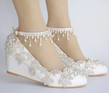 

Womens Peals Rhinestones Crystal Wedge Bling High Heel Bridal Wedding Platform Princess Round Toe Pumps Shoes Ankle Tassels B144