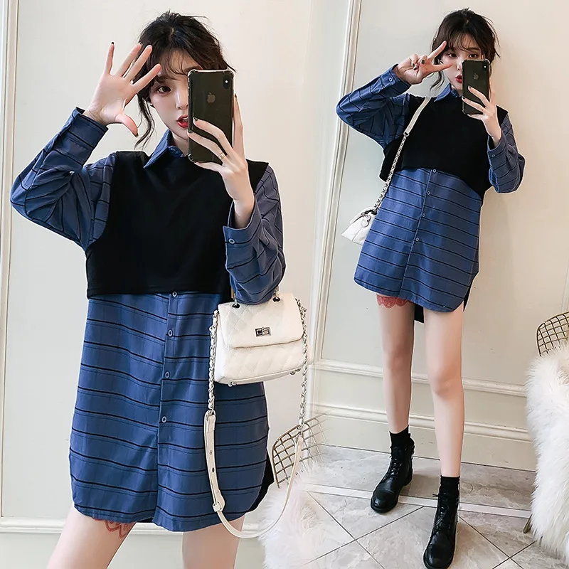 

2019 Spring New Style Fat Mm Large Size Dress Mid-length Two-Piece Plaid Shirt Slimming Fashion Shirt Two-Piece Set