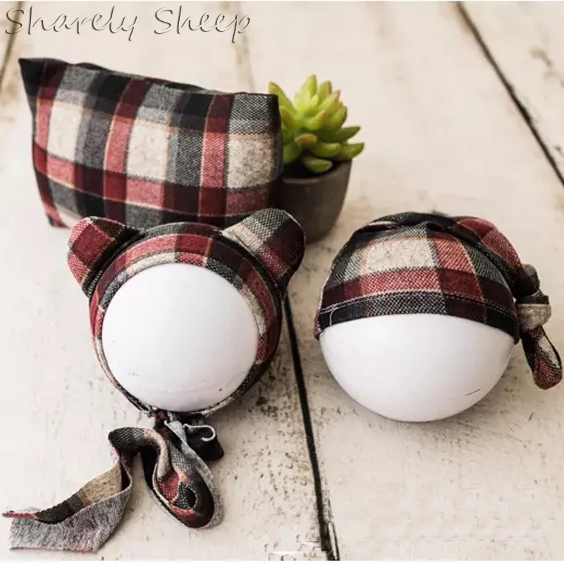 Baby Boy Plaid Hat+Pillow Set Photo Shoot Studio Posing Cap Newborn Photography Props Hat Infant fotografia Accessories