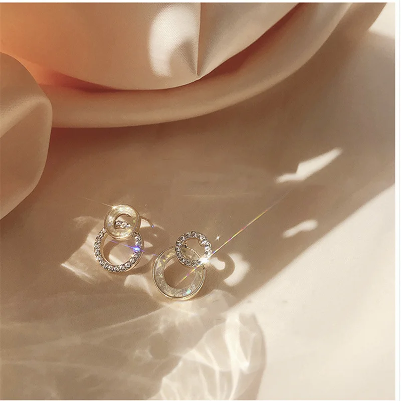 2021 Korean Simple Double Circle Gold Color Metal Rhinestone Drop Earrings For Women Fashion Small Pendientes Jewelry Gifts - Image 2