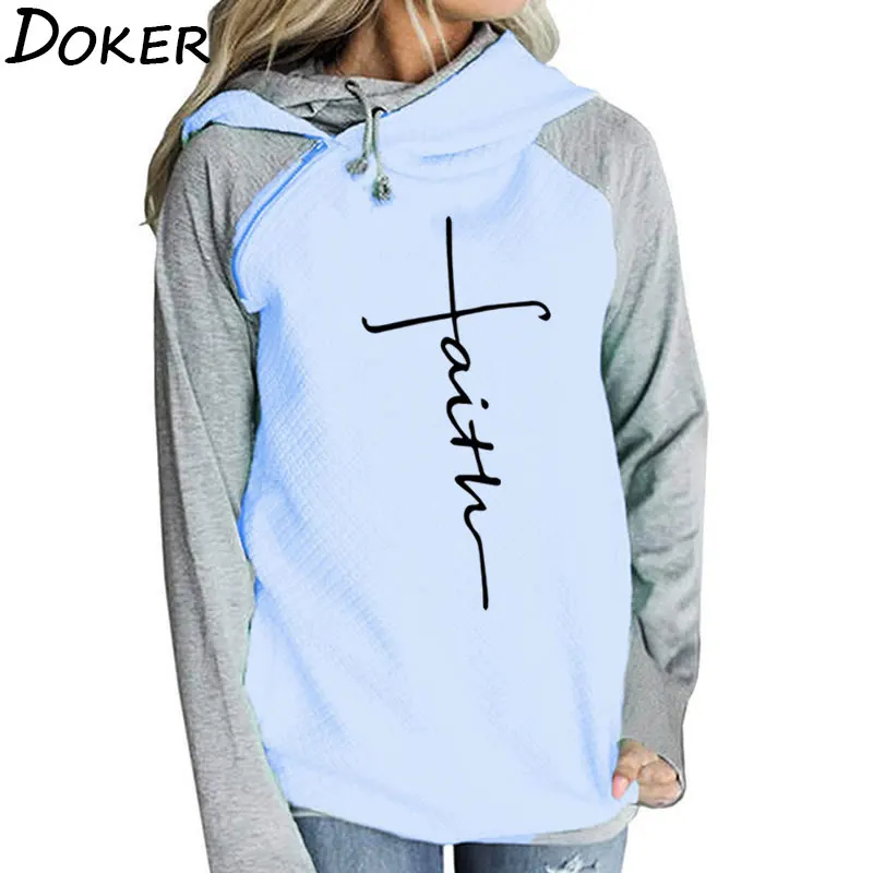  Autumn Winter Patchwork Hoodies Sweatshirts Women Faith Cross Embroidered Long Sleeve Sweatshirts F