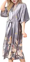 Gray satin Long Bathrobe Women Wedding Bride Bridesmaid Robe Nightgown Sleepwear Print Crane Kimono Size S M L XL XXL XXXL - Image 3