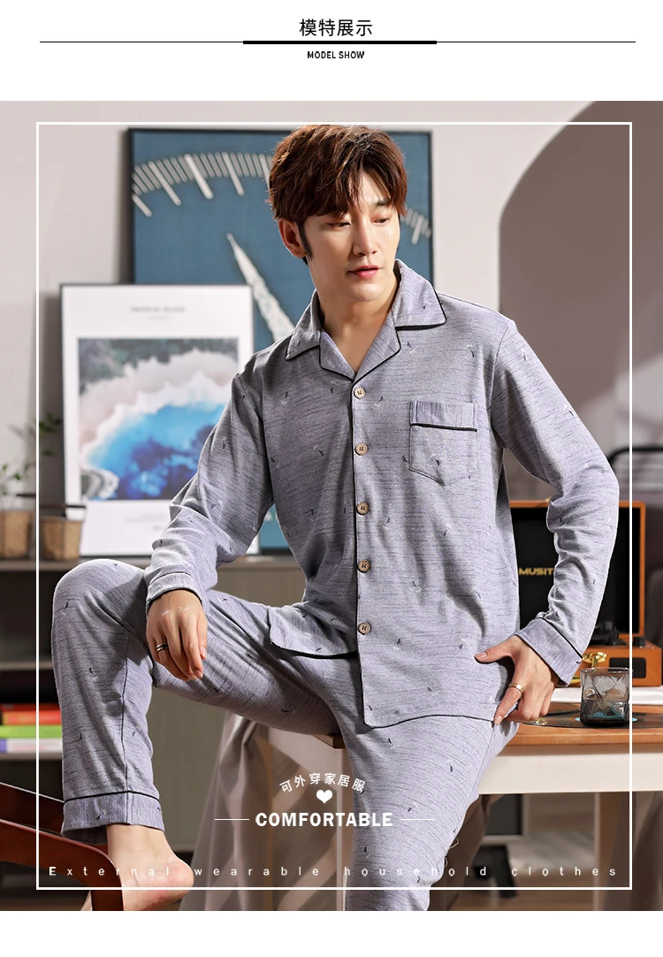 Autumn 100%Cotton Men's Sleepwear Suit Long Sleeve Turn-down Collar Male Pajamas Set Casual Plus Size L-3XL Pijama Hombre Pyjama