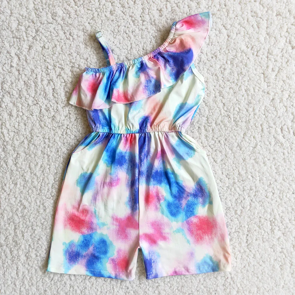 

summer overall kids Tie-Dye print and Word shoulderdesign girl jumpsuit baby girl sleeveless romper
