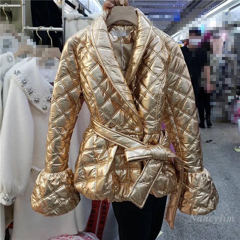 

2020 Autumn and Winter New Short Quilted Coat Female Lady Elegant Chic Top Belt Waist Bread Quilted Jacket Mujer Chaqueta