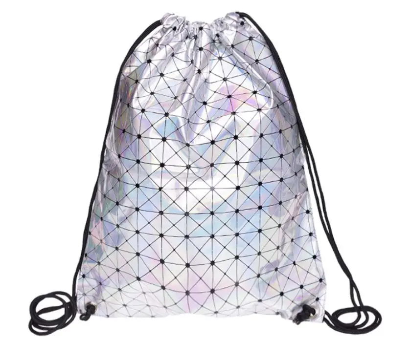 

2019 New PU Leather Drawstring Bags For Women Soft Geometric Laser Silver Backpacks Travelling Causal School Bags For Teenagers