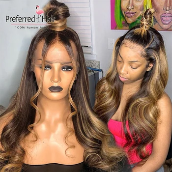 

Preferred Preplucked Highlight Wig Honey Blonde Wavy Wig with BabyHair Brazilian Remy Lace Front Human Hair Wigs For Black Women