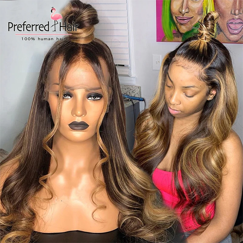 Предпочтительный preprucked Highlight парик медовый блонд волнистый с BabyHair бразильские Remy