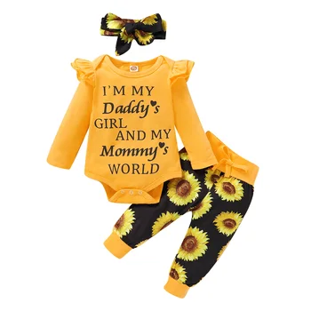 

3-24M Kids Baby Girls 3-piece Outfit Set Long Sleeve Letter Print Romper+Sunflower Print Pants+Headband Set