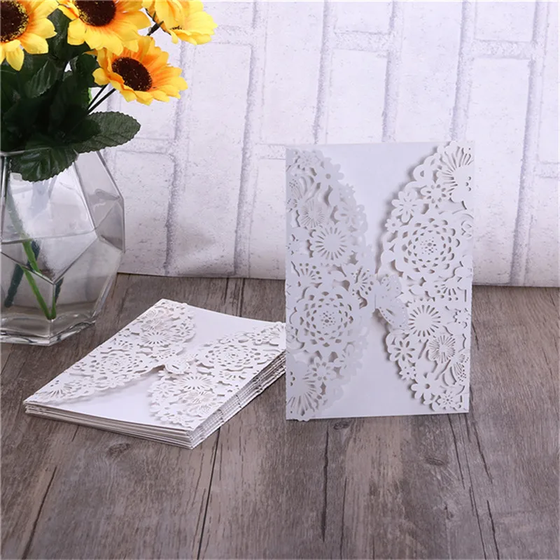  Birthday Invitations Shower (White) Bridal Cards for 10pcs Vertical Laser Cut Butterfly Wedding Kit - 4.00018E+12