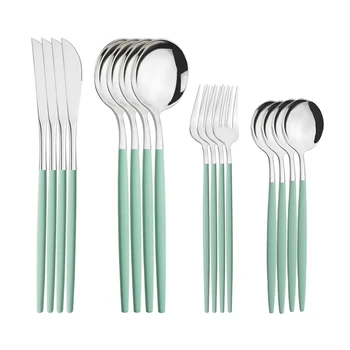 16 pezzi Set in acciaio inossidabile Posate Stoviglie Posate Coltelli verde menta Forchetta Cucchiaio da dessert Argenteria per la casa Set di stoviglie da cucina 1