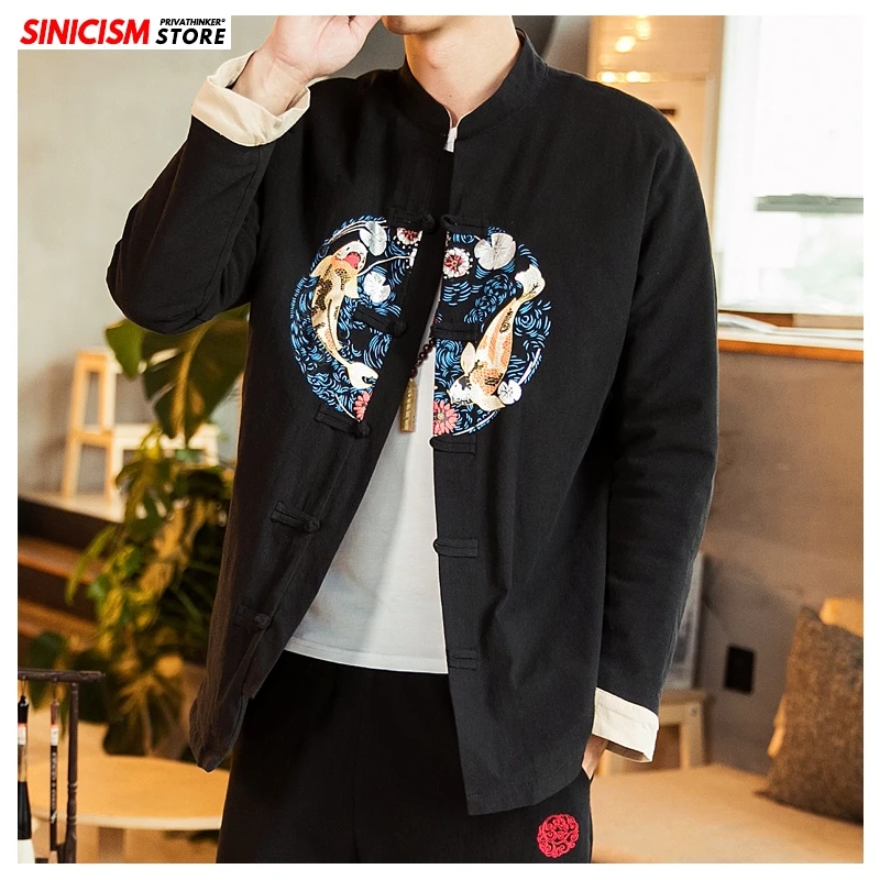 Sinicism Store мужская повседневная куртка с принтом, мужская одежда в китайском стиле с пряжкой, мужские весенние винтажные хлопковые льняные пальто больших размеров