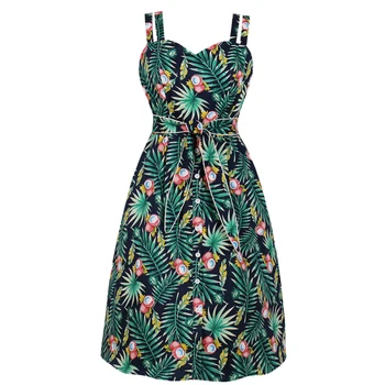 

Summer Green Leaf Prin Pin Up Boho Retro Dress 60s Tropical Women Vintage Dress Beach Casual Belts Strap Vestidos Femme