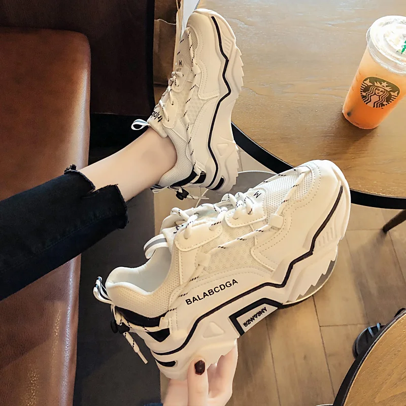 

2019 New Fashion Chunky Sneakers Women Shoes High Heel Platform Sneakers Casual Green White Yellow Sneakers Chaussures Femme