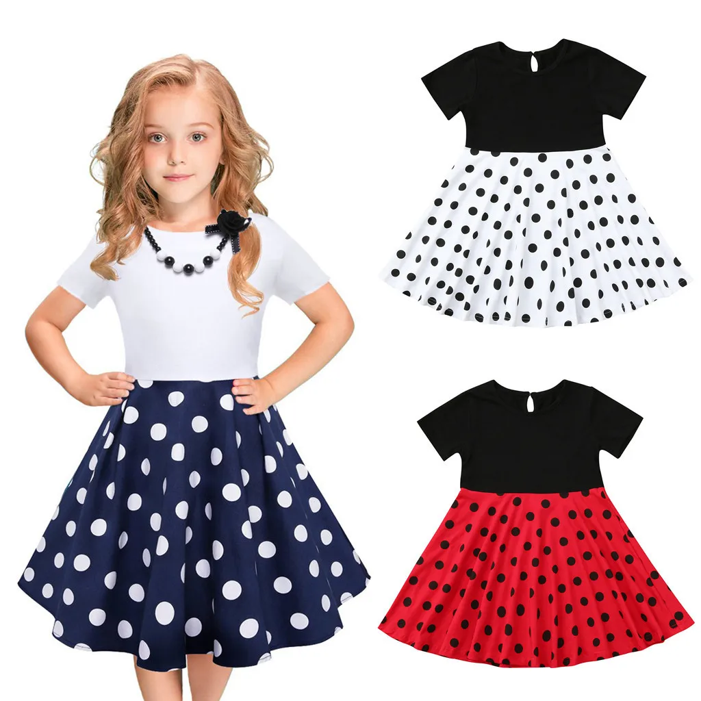 Kids Girls Vintage Dress Polka Dot Princess Dress Swing Rockabilly Party Dress 