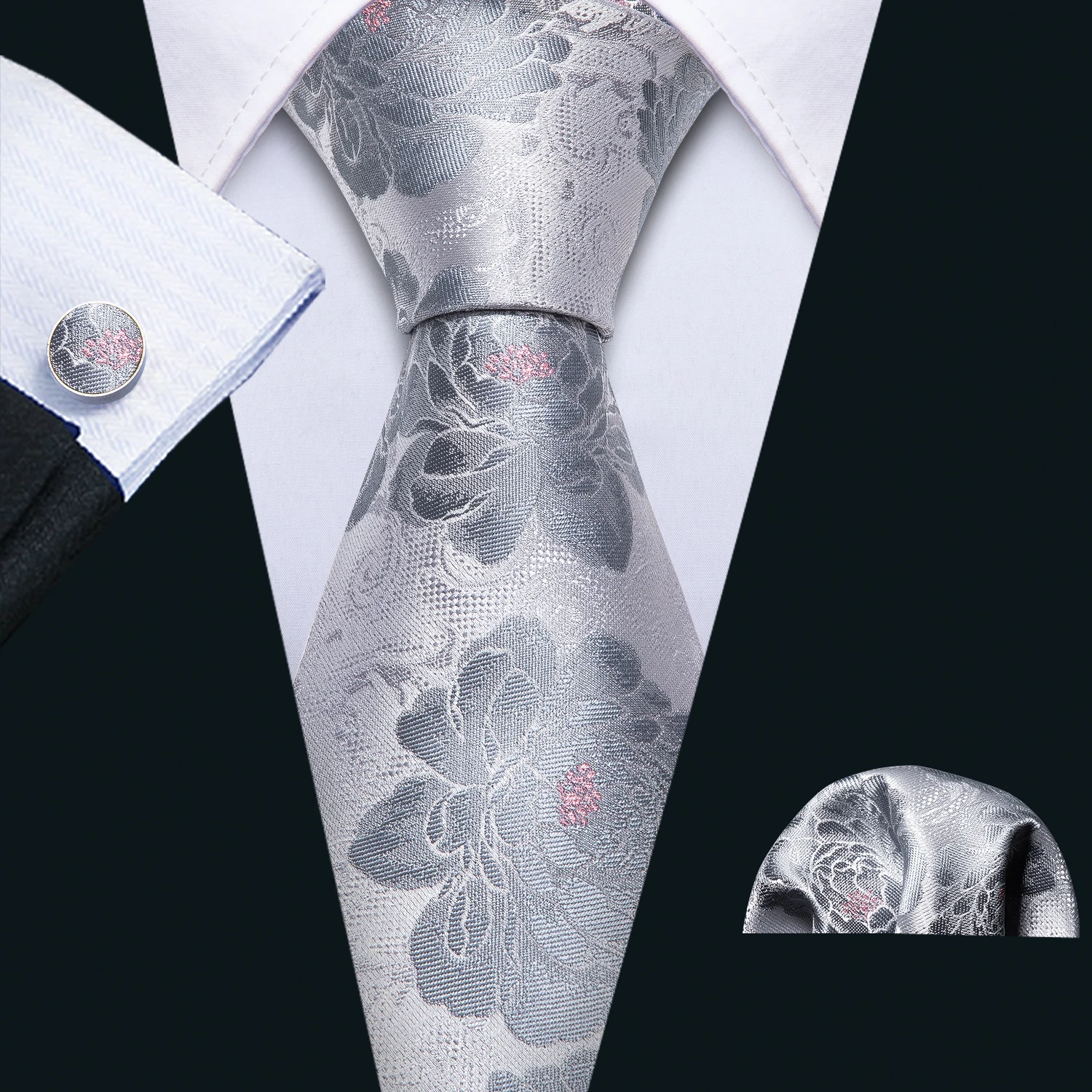 

Fashion Men Tie Sliver Floral Necktie Gravat Handkerchief Set Silk Ties For Men Party Business Gift Barry.Wang Designer FA-5217