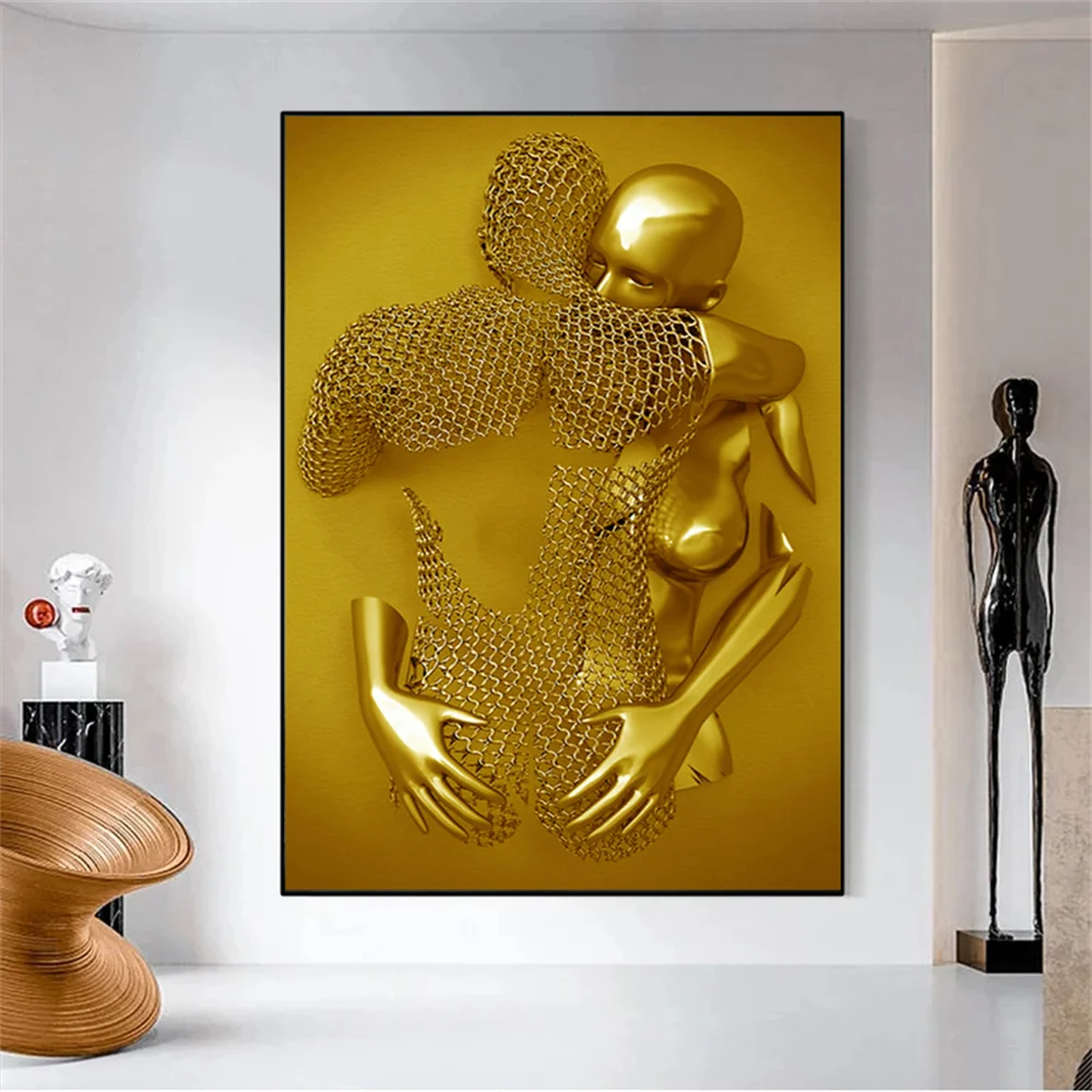 Kissing Metal Figure statue Canvas Painting Pop Abstract Wall Art Modern Posters and Prints For Living room Internal Home Decor