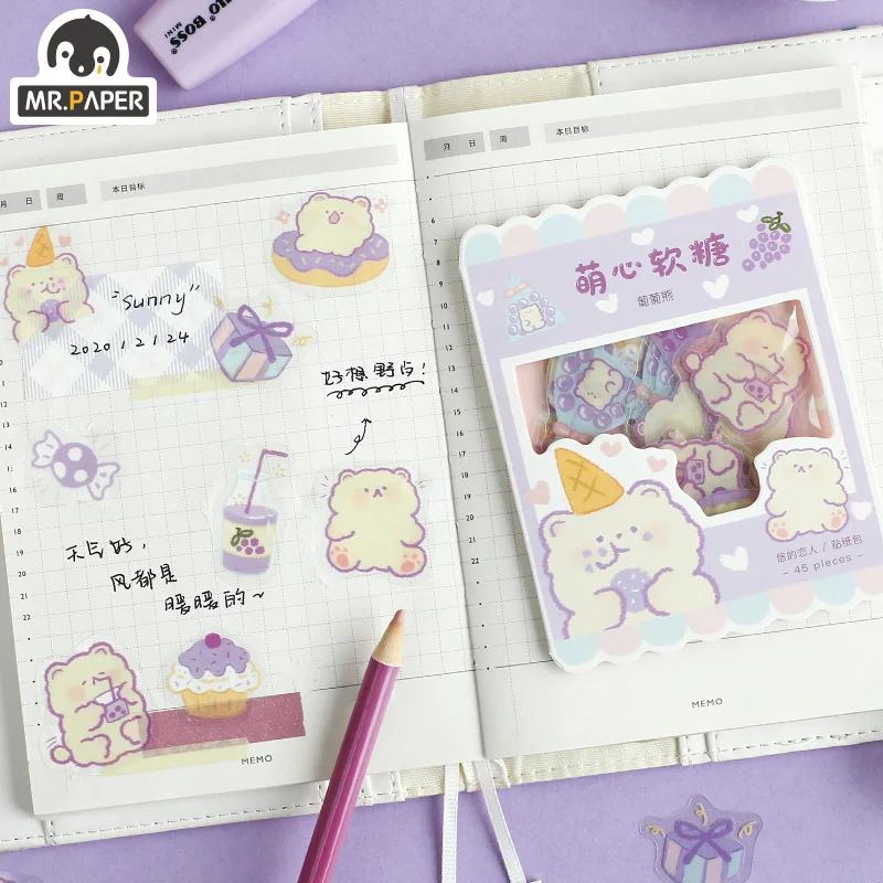 Mr.paper 6 Designs 45 Pcs/bag Cartoon Style Cute Heart Soft Candy Series Creative Hand Account Deco DIY Collage Material Sticker