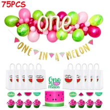 75 stücke Wassermelone Thema Eines Jahre Alt Baby Geburtstag Party Decor Liefert Aluminium Film Ballon Flagge Papier Tasche Kuchen Flagge(China)