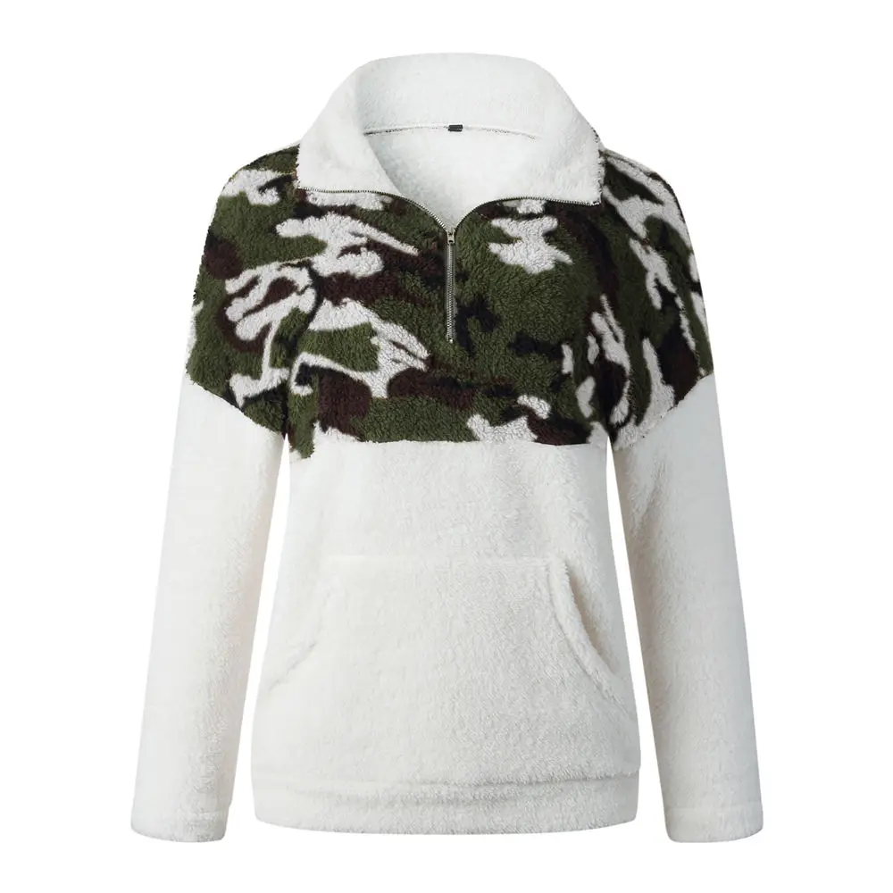 white camo Шерпа флисовый свитер женский Камуфляжный Пушистый пуловер с косой молнией плюс размер 3XL Тедди свитера Зима Осень Теплый Камуфляж Топы - Цвет: white camo