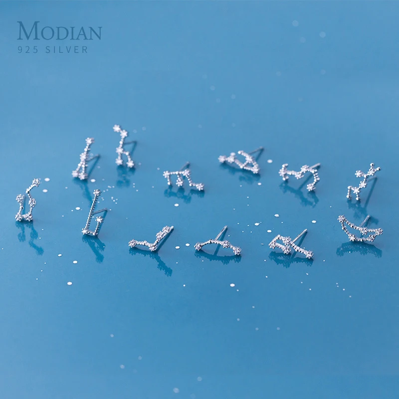 

Modian Exquisite Twelve constellations Cute Lady Crystal Leo Aquarius Stud Earrings For Women 925 Sterling Silver Fine Jewelry