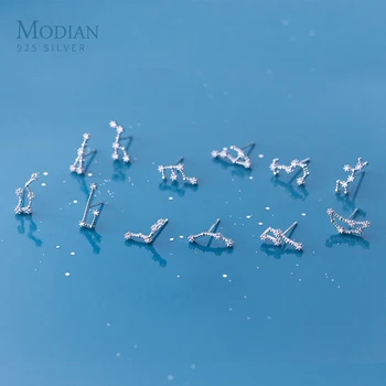 

Modian Exquisite Twelve constellations Cute Lady Crystal Leo Aquarius Stud Earrings For Women 925 Sterling Silver Fine Jewelry