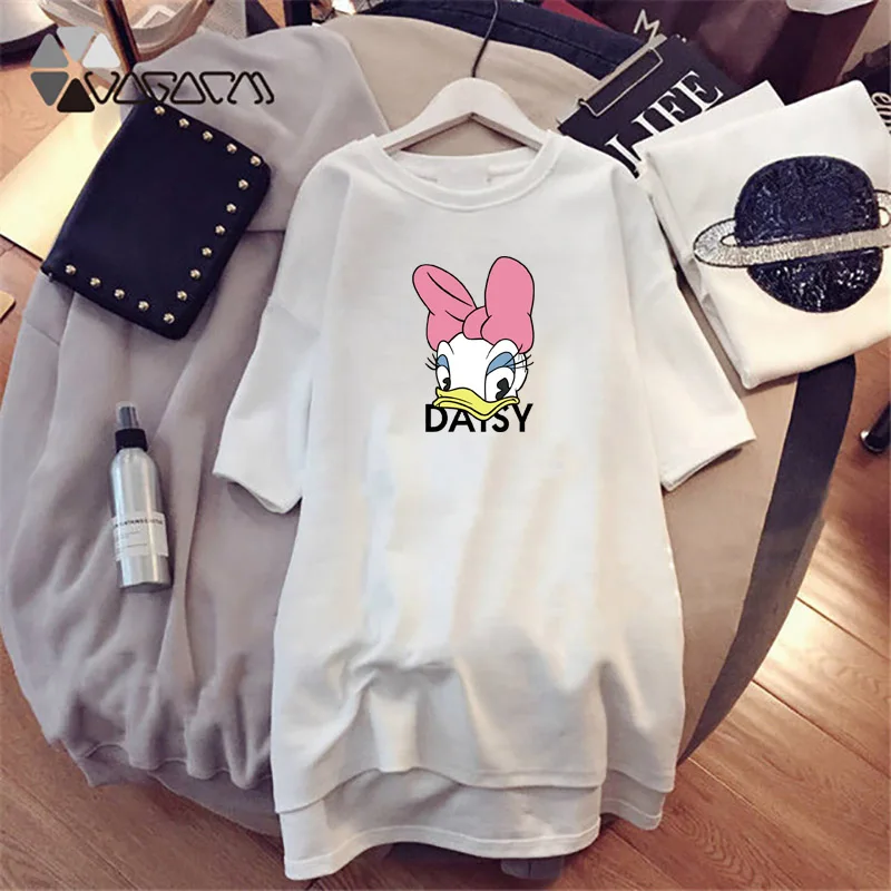 Summer Women Dresses Daisy Duck Cartoon Print Dress Loose Women Plus Size Mini Cute Dress Casual Fashion Short Sleeve