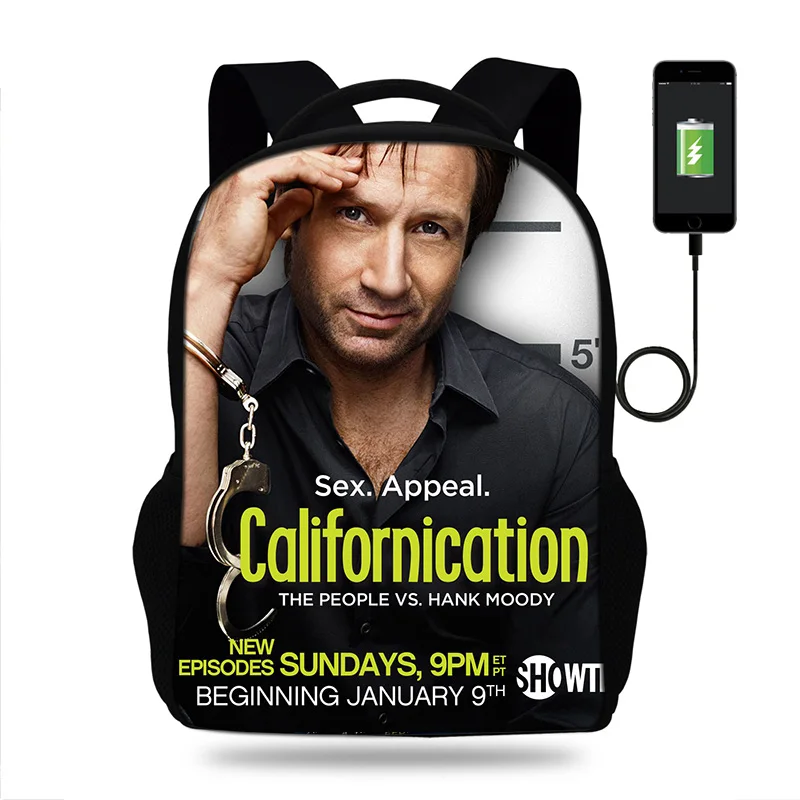 17 дюймов Showtime Californication рюкзак для ноутбука USB порт мужской рюкзак для подростков школьная сумка Mochila для мальчиков дорожная сумка