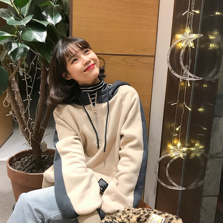 Новинка Harajuku, Женская толстовка, корейская мода, пэчворк, длинный рукав, с капюшоном, толстовки, пальто, женские, повседневные, карманы, Свободный пуловер