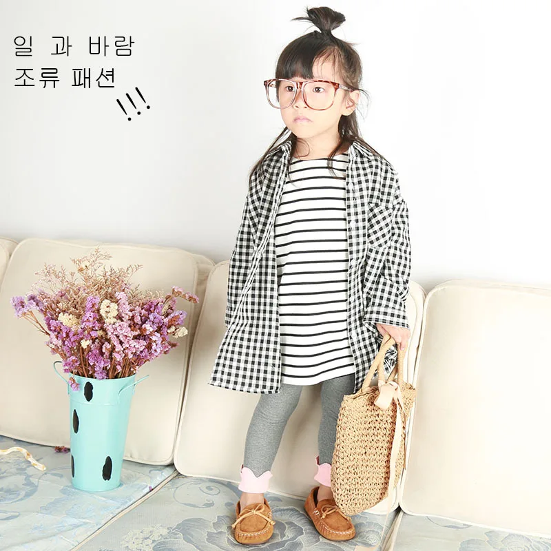 Autumn New Style Girls Black And White Lattices Coat Japanese-style Fold-down Collar Mid-length Tops Fashion Small CHILDREN'S Pu