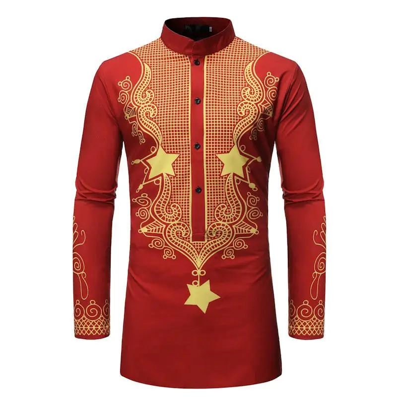Длинная стильная рубашка для мужчин, длинный в этническом стиле, рукав, принт, воротник-стойка, мужская рубашка, черный, красный, новинка