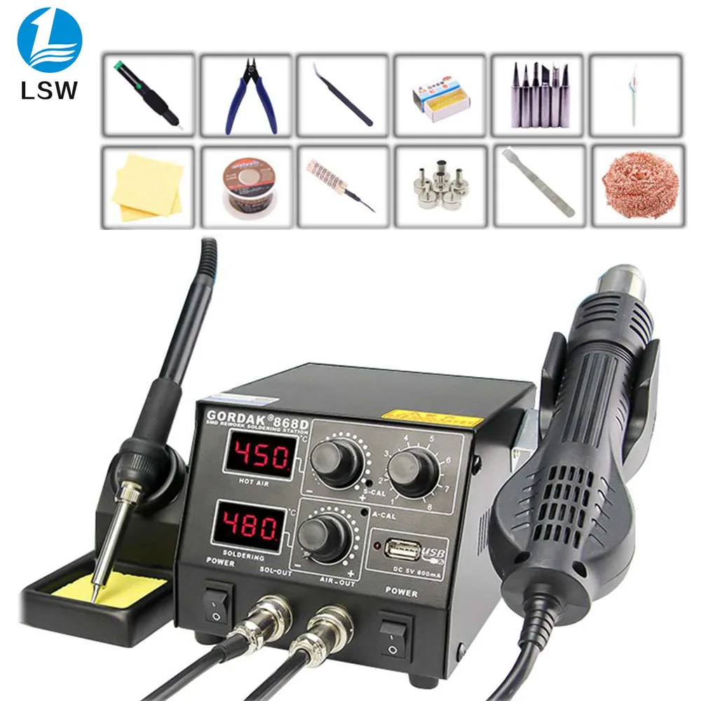  GORDAK 868D intelligent 3 in 1 anti-static hot air dual digital hot air gun soldering station USB c