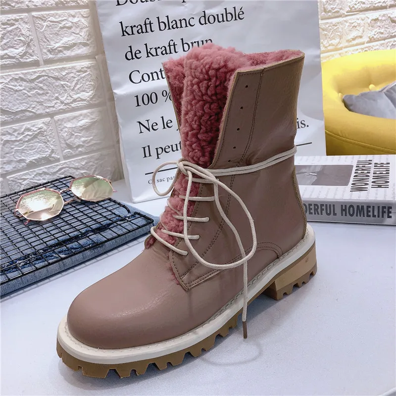 Maggie's Walker/женские модные ботинки до середины икры из искусственной кожи; женские зимние ботинки на шнуровке; Размеры 35-40 - Цвет: Розовый
