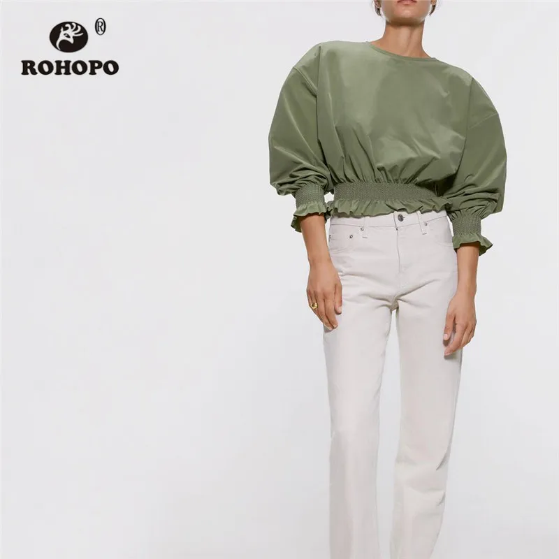 

ROHOPO Lantern Sleeve Round Collar Ruffled Elasticity Waistband Army Green Blouse Pullover Solid Ladies Chic Puff Blusa #2427