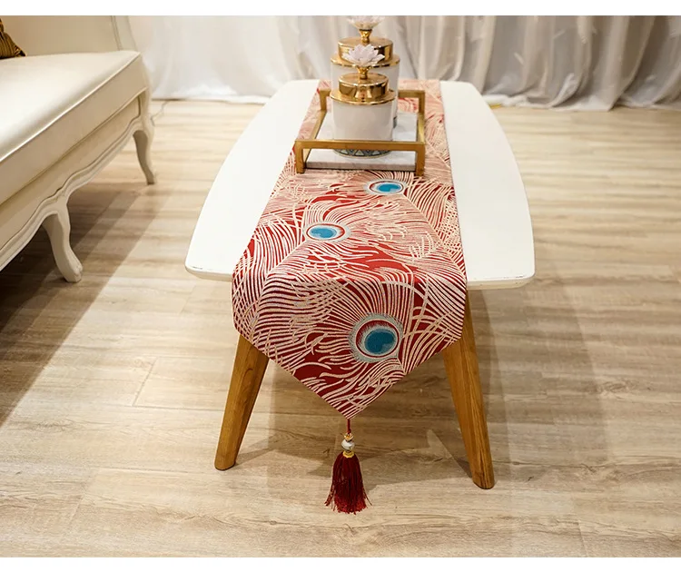 Классический китайский Павлин перо красный настольная дорожка прямоугольная роскошная кровать дорожка синий обеденный стол коврик кофейная скатерть