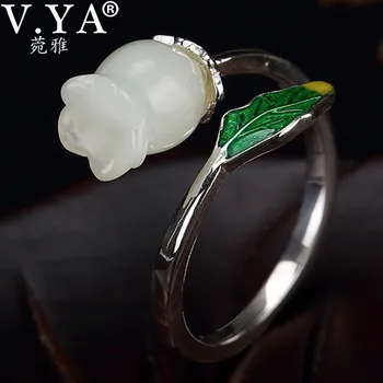 

V.YA 925 Sterling Silver Natural Stone Magnolia Rings for Women Ethnic Enamel Leaf Finger Ring Female Flower Jewelry