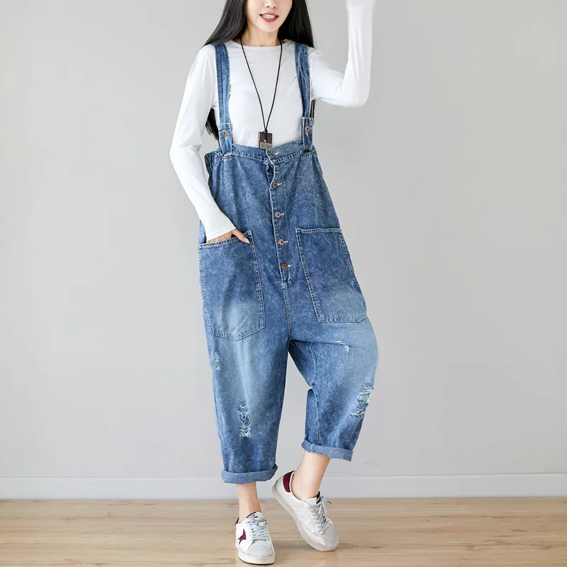 

Denim Drop crotch Jumpsuit Women Plus Size bib Jeans Ripped Hole Wide Leg Rompers Baggy Cowboy Bodysuit Europe Overall Trousers