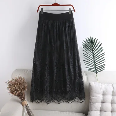 Wear on Both Sides Women Knitted Skirts Autumn Winter High Waist Lace Patchwork Long Skirt Large Swing A-Line Pleated Skirts - Цвет: Black
