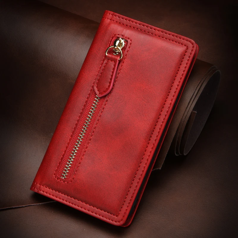 Магнитный кожаный чехол-книжка на молнии для iPhone 11 Pro XR X XS Max, чехол, Роскошный кошелек для карт, Fundas для iPhone 6, 8, 7, 6S Plus, чехол - Цвет: Красный