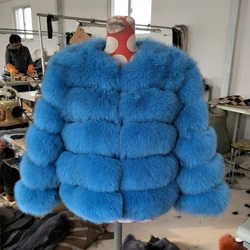 Women's Winter Classical Real Fox Fur Coat 5 Ring Striped Natural Fur Jacket