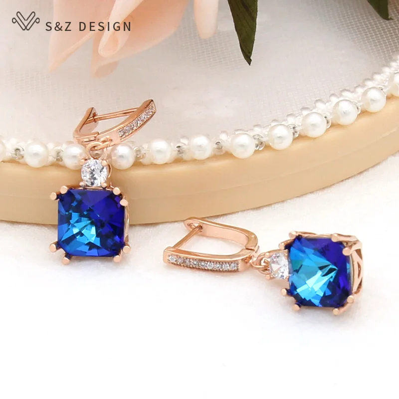 S&Z DESIGN Fashion Elegant Square Crystal Dangle Earrings For Women 585 Rose Gold Color Cubic Zirconia Jewelry Fine Eardrop