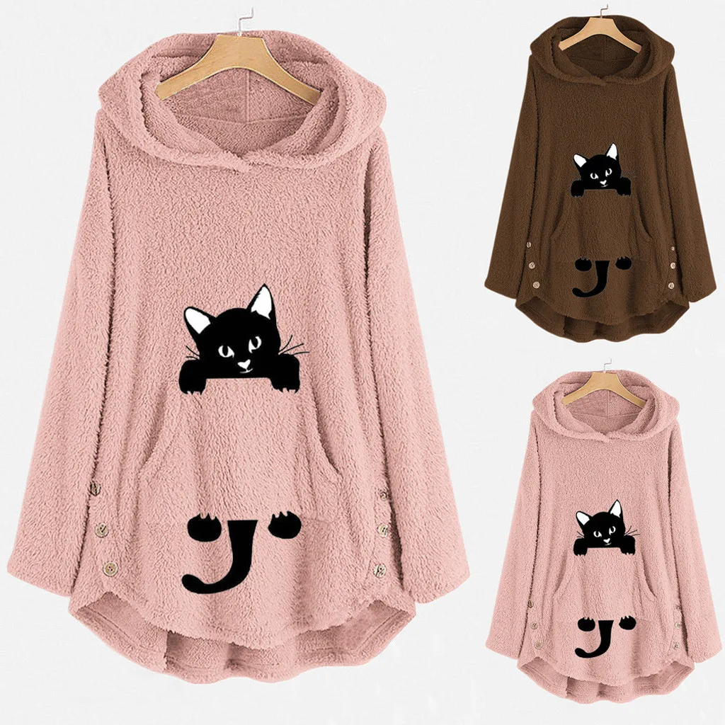 Womens Winter Plush Coat Fleece Cat Embroidery Warm Hoodie Top Plus Size Button Lady Pocket Outwear Long Pullover Womens Warm